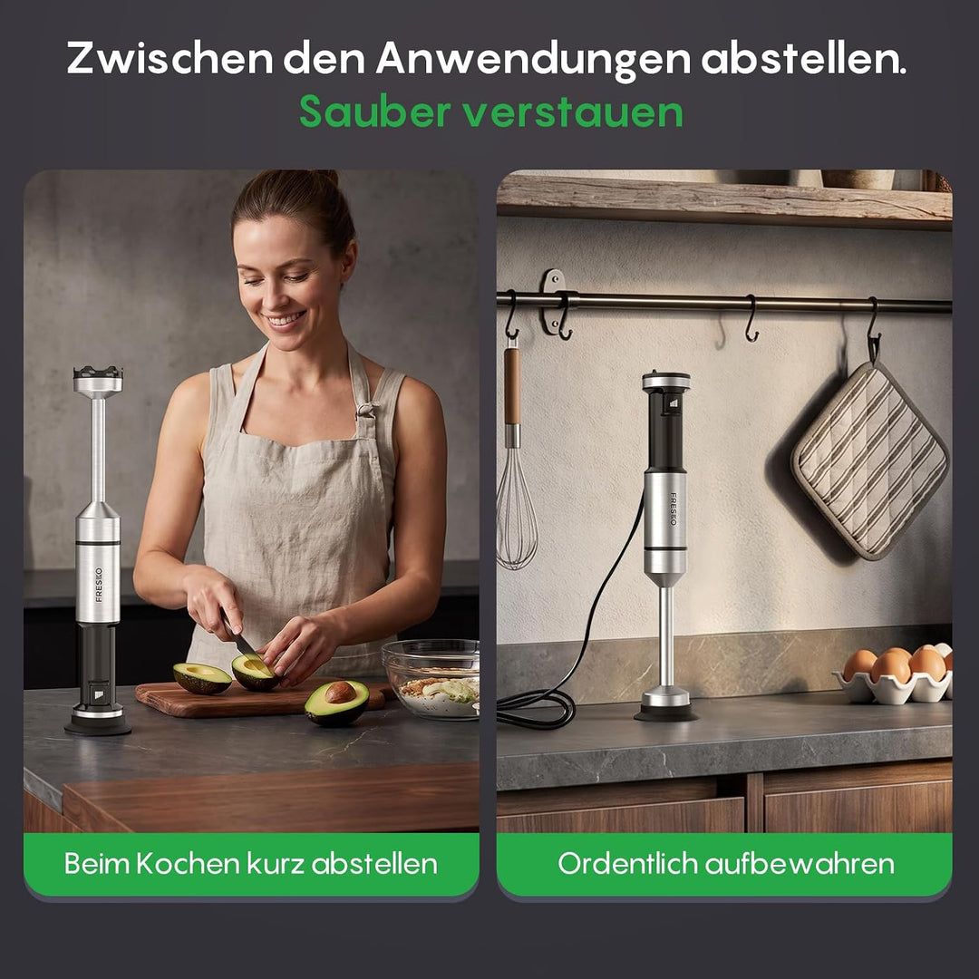 FRESKO Stabmixer 1000W, Stufenlos Regulierbare Geschwindigkeiten, Pürierstab aus Edelstahl mit Schut