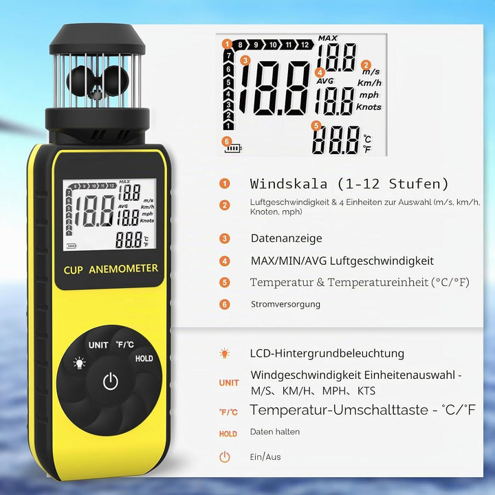 SURLABA Digital Windmesser, XF-881M Cup Anemometer ±4% Hoher Genauigkeit Wind Gauge Misst MAX/AVG Wi