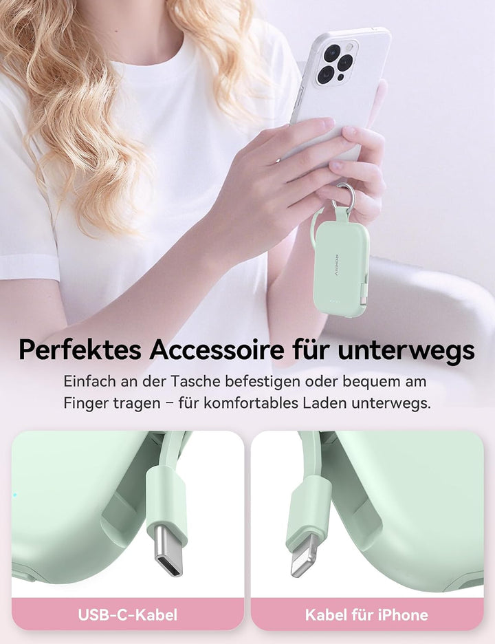 RORRY CharmGo Powerbank,5000mAh Power Bank mit Integriertem USB C Kabel | Tragbarer Externer Akku mi