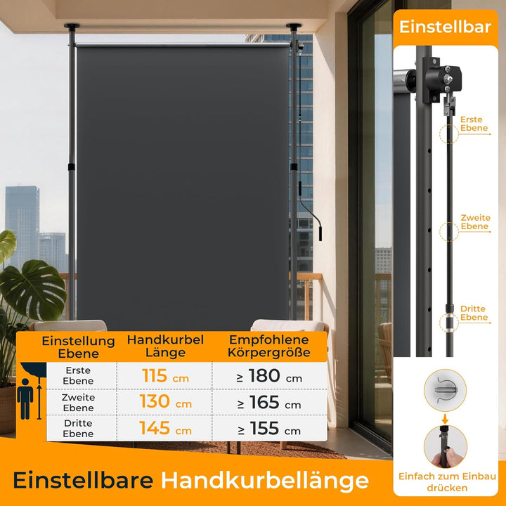 HOMEDEMO Senkrechtmarkise Aussen, Vertikalmarkise ohne Bohren, Balkonrollo mit Handkurbel, Sichtschu