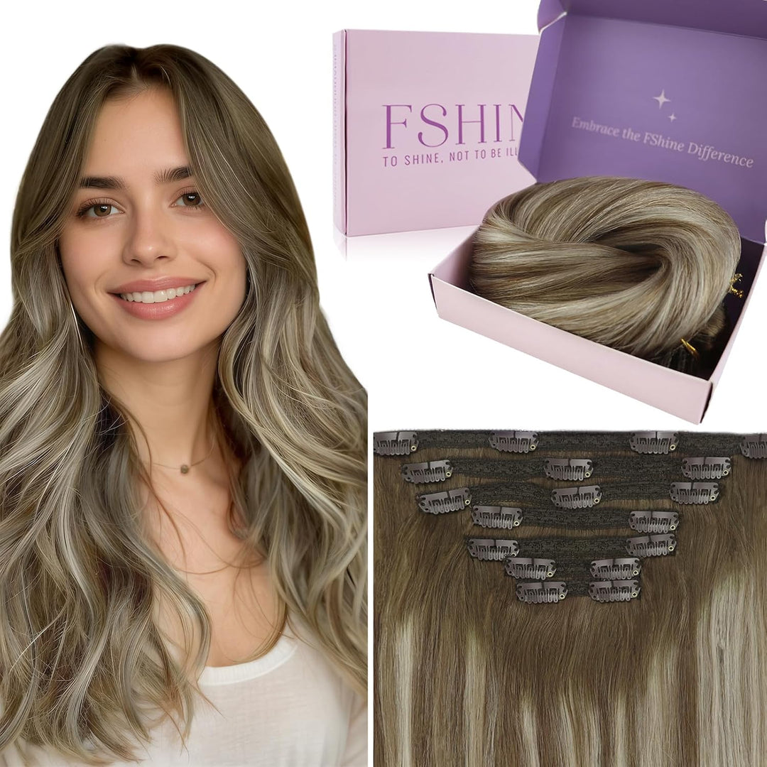 Fshine Invisible Clip in Extensions Echthaar 35cm Haarverlängerung Echthaar Extensions Clip in Balay