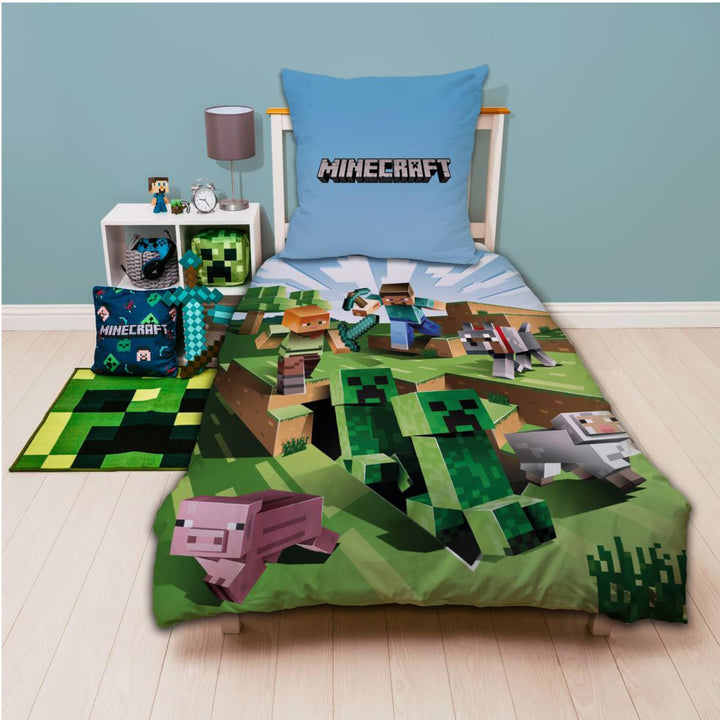 Character World Wende Bettwäsche-Set Minecraft, 135x200cm + 80x80cm, 100% Baumwolle, grün Motiv Craf