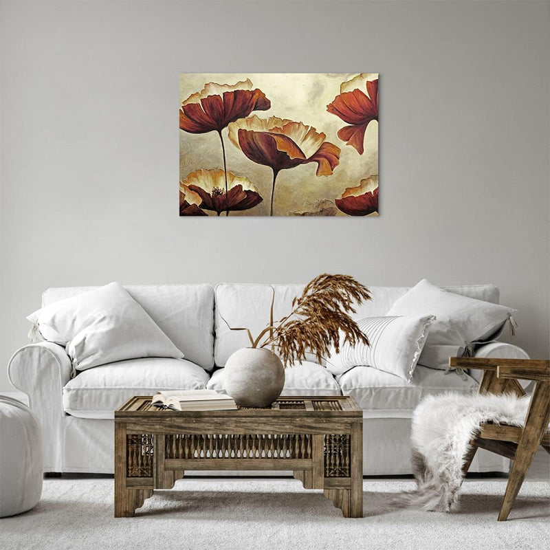 Bilder auf Leinwand Mohn Blume Wiese Leinwandbild mit Rahmen 70x50cm Wandbilder Dekoration Wohnzimme