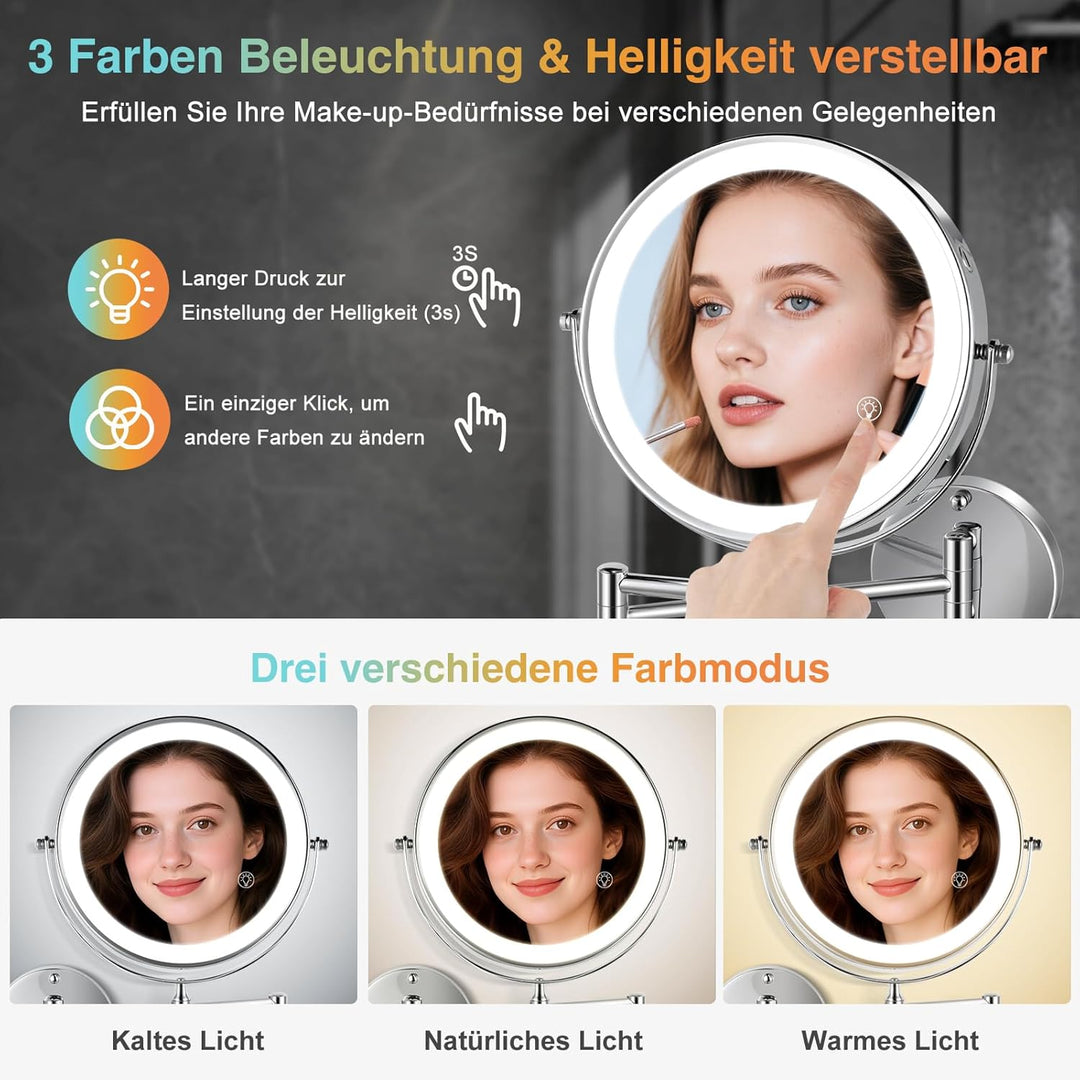 LED Kosmetikspiegel mit 30-facher Vergrösserung, Wandmontage, USB-Aufladung, Chrom Silber 30X, Silbe