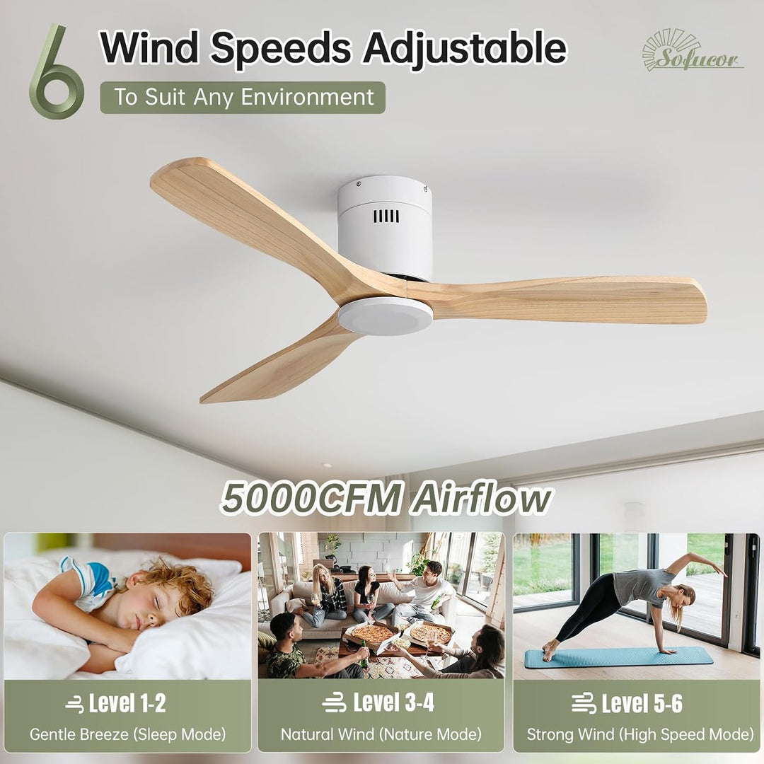 Sofucor Deckenventilator mit Fernbedienung, Deckenventilator aus Massivholz mit 3 Holzlüfterblätter,