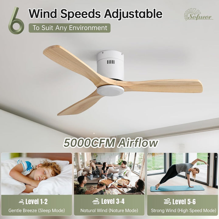 Sofucor Deckenventilator mit Fernbedienung, Deckenventilator aus Massivholz mit 3 Holzlüfterblätter,
