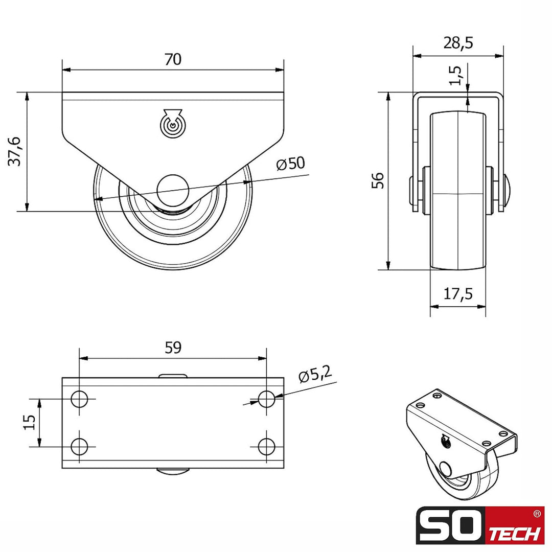 Sotech 20er Set Kastenrolle PASSAU (Ø 50 mm, für Unterbaumontage, dunkelgrau) Transportbockrolle, le