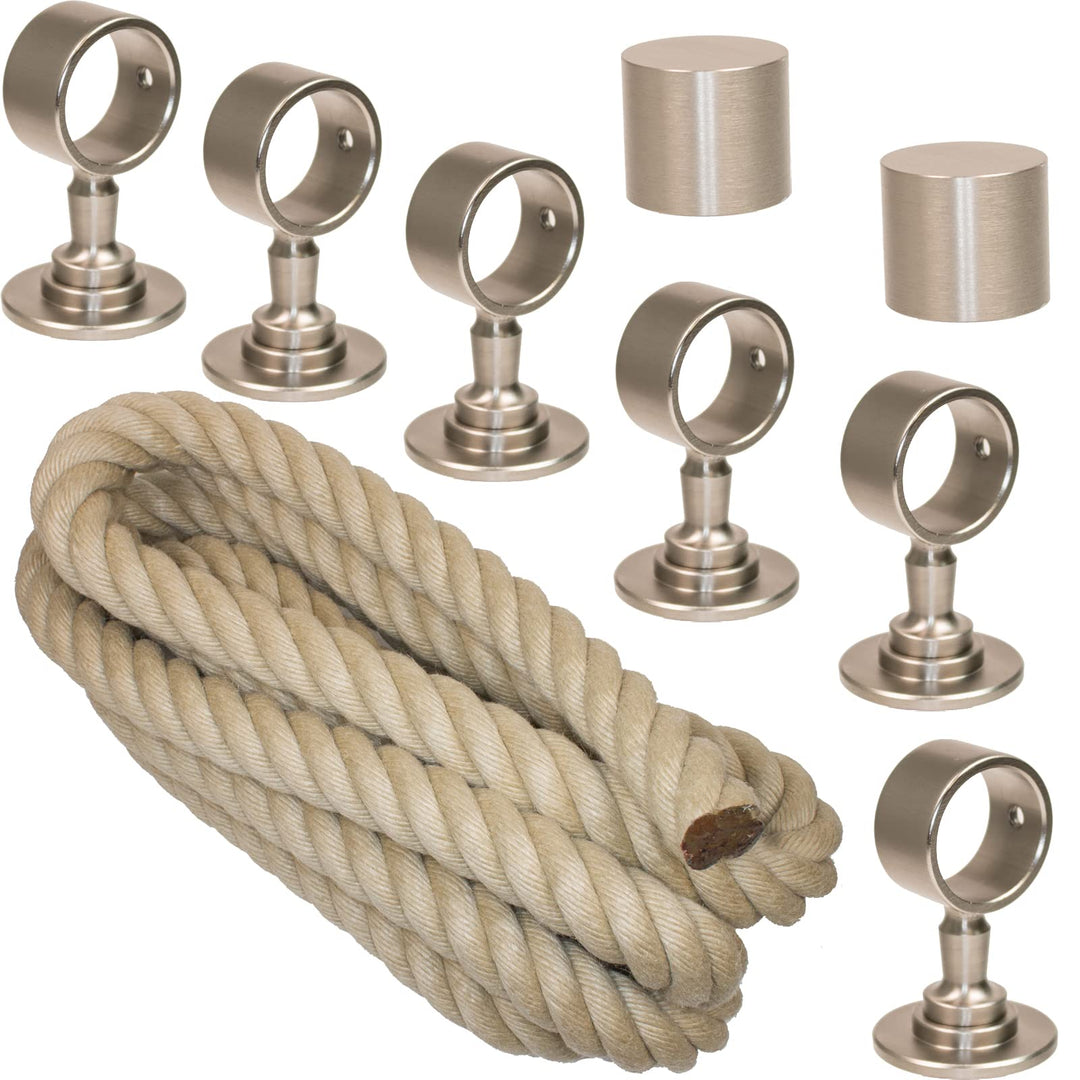 Handlaufseil Set 30mm - bestehend aus 2 Endkappen 6 Seilträger vernickelt und 6m "Nature Touch" Hand