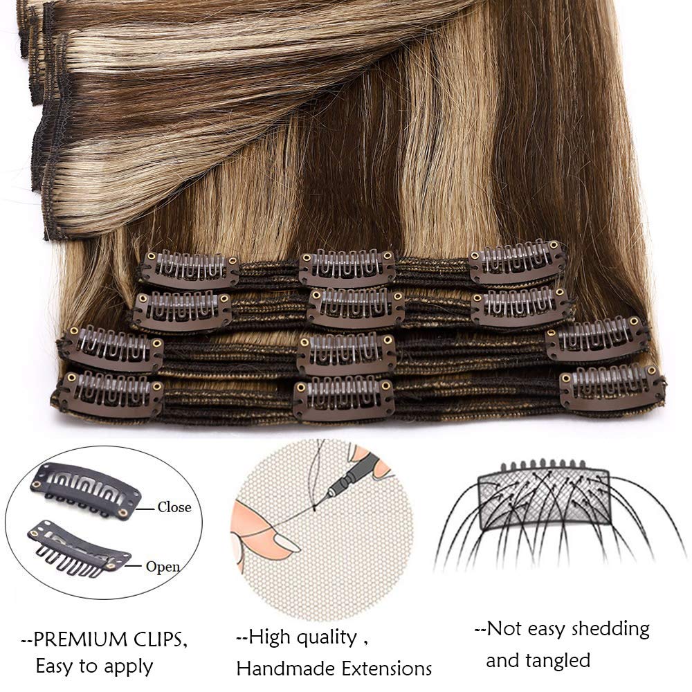 SEGO Echthaar Clip in Extensions 8 Pcs Doppelt Tressen Haarverlängerung 100% Remy Human Haar für Kom