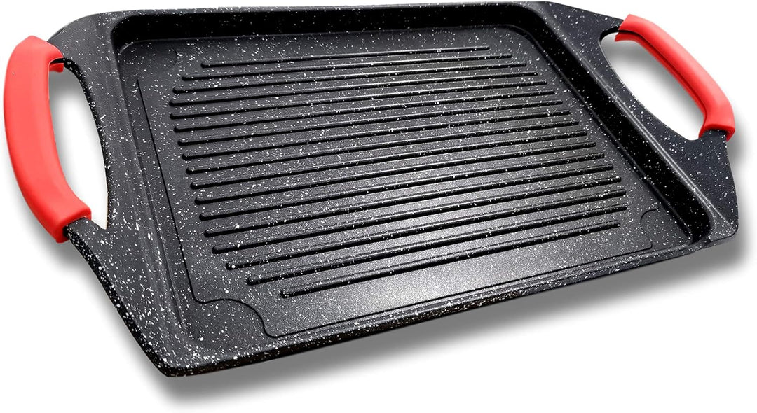 Greblon C3 Plancha/Grill in Steinoptik, 35 x 22 cm, ohne PFOA, abnehmbare Silikongriffe, für alle He