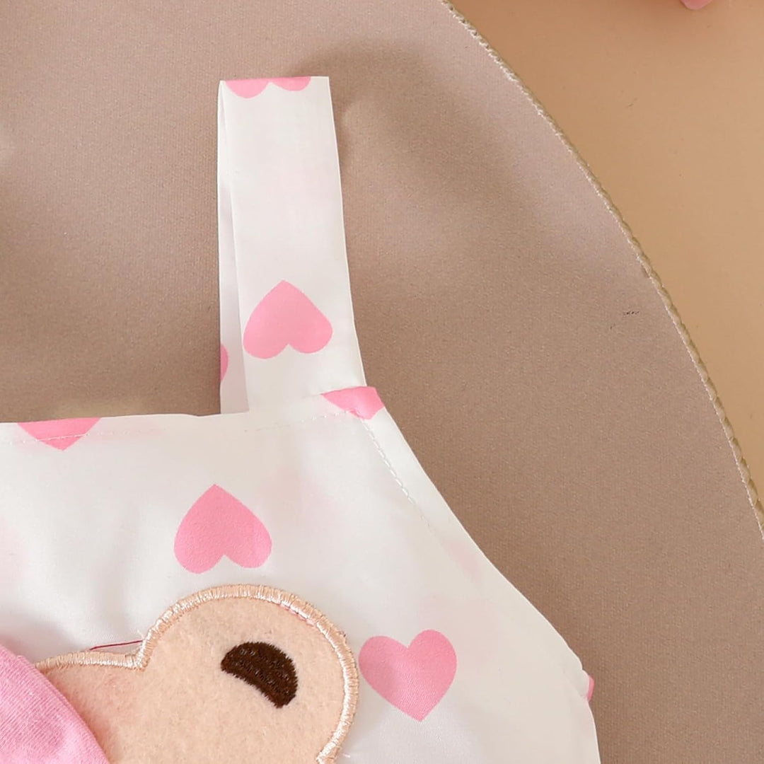 Baby Outfits für Mädchen mit Herz Print kurzärmelig Strampler Hosenträgerrock Bären Kleid Schleife S