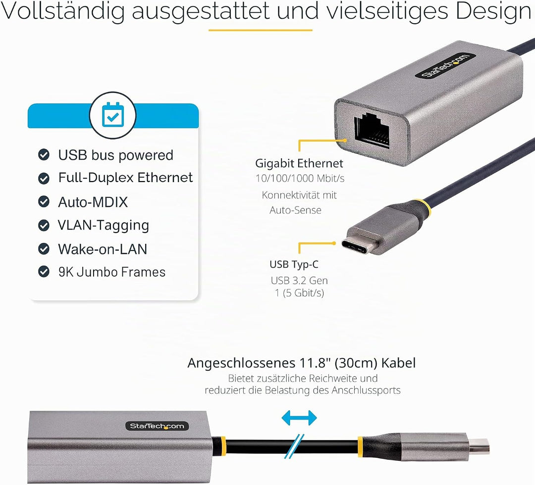 StarTech.com USB C Gigabit Ethernet Adapter, 10/100/1000 Mbit/s, USB C 3.0 zu LAN Adapter mit ASIX A