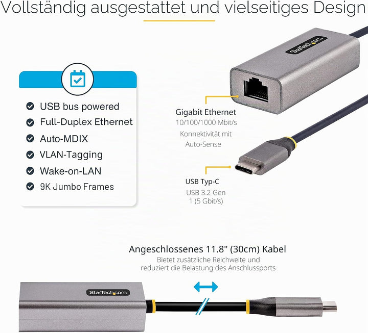 StarTech.com USB C Gigabit Ethernet Adapter, 10/100/1000 Mbit/s, USB C 3.0 zu LAN Adapter mit ASIX A