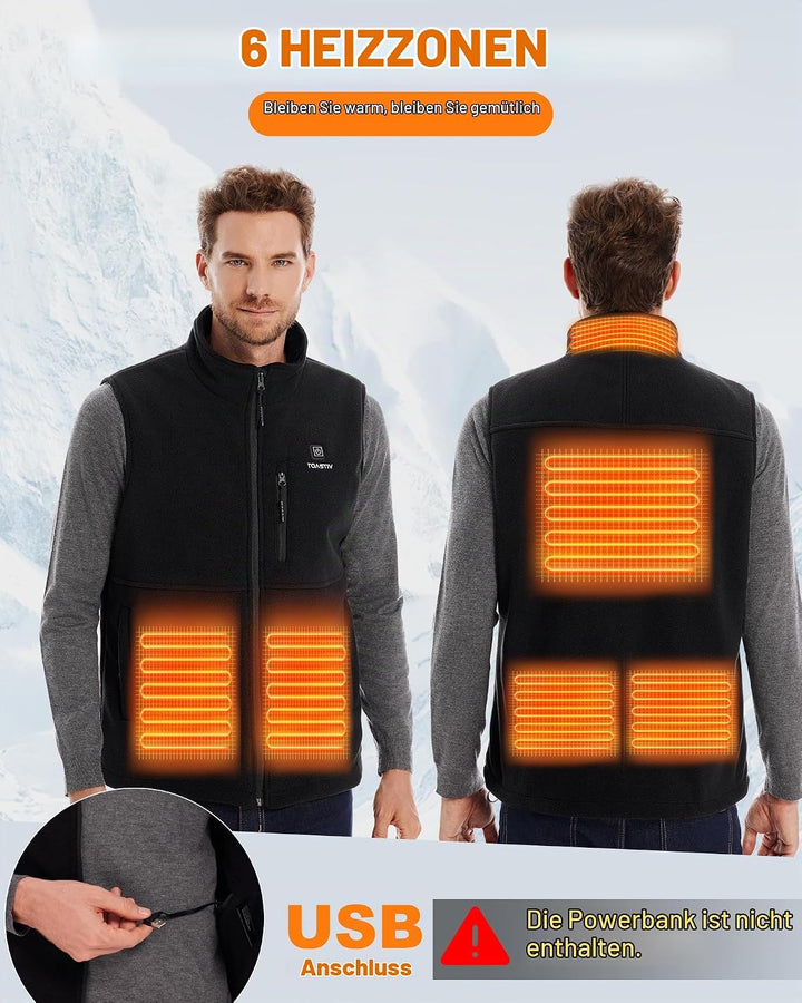 Beheizbare Weste, Polarfleece Heizweste Herren, Elektrische beheizte Weste mit 3 Temperaturen, 6 Hei