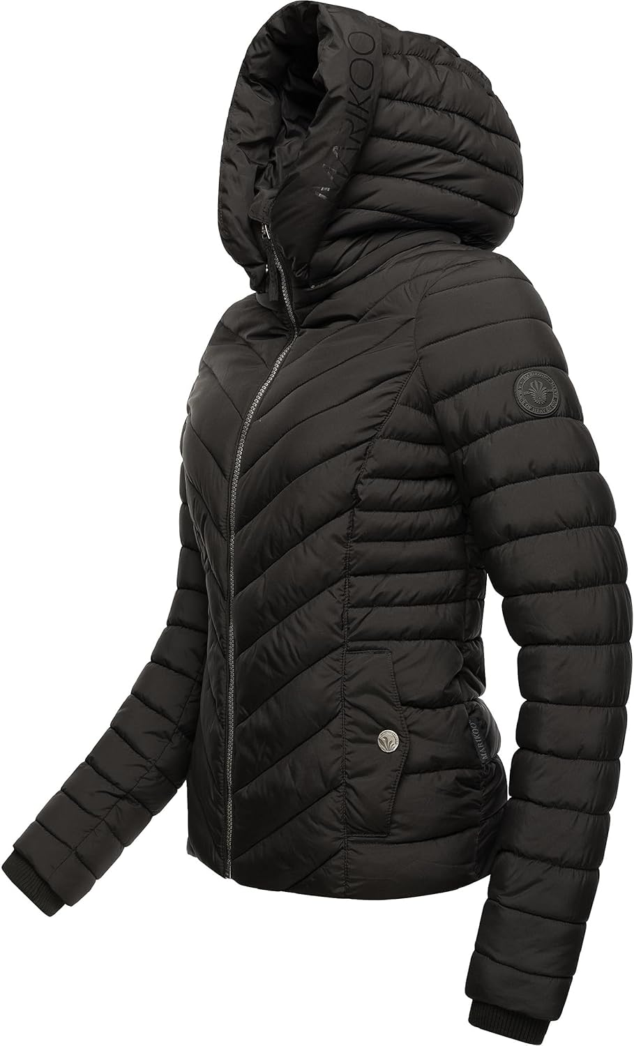 MARIKOO Damen Übergangsjacke leichte Steppjacke kurz mit Abnehmbarer Kapuze Kagomee XS-XXL XL Schwar