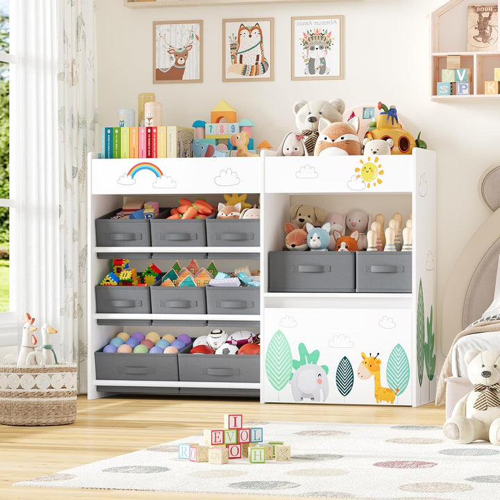 HOCSOK Spielzeugregal, Kinderregal mit 10 Stoff Aufbewahrungsboxen, Bücherregal, Spielzeugkiste auf
