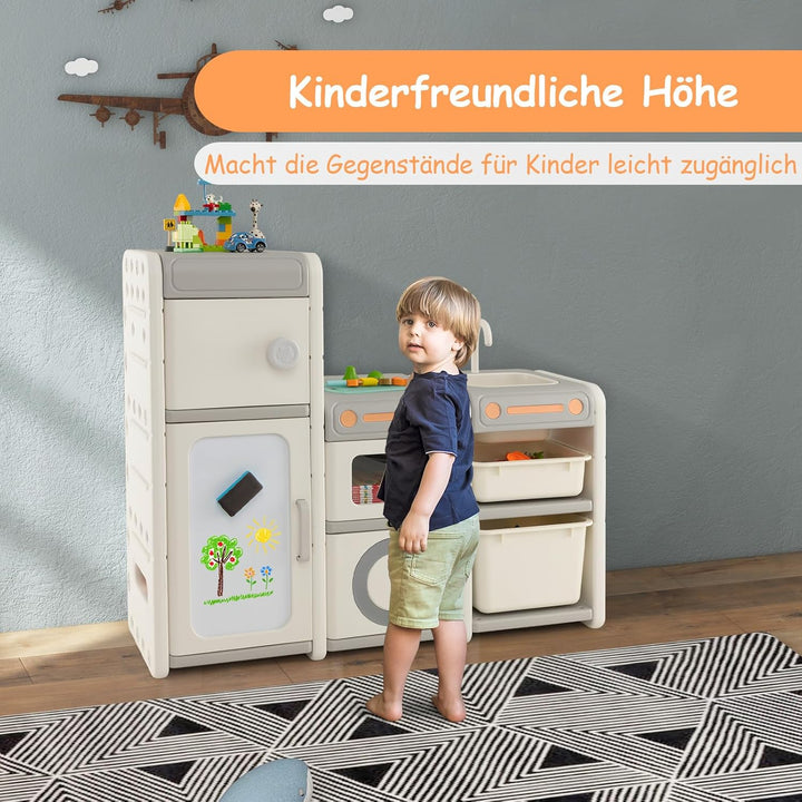 COSTWAY Kinderregal mit Boxen, Kinderzimmer Regal mit 4 Schränken Spül Wasserhahn Whiteboard Markern