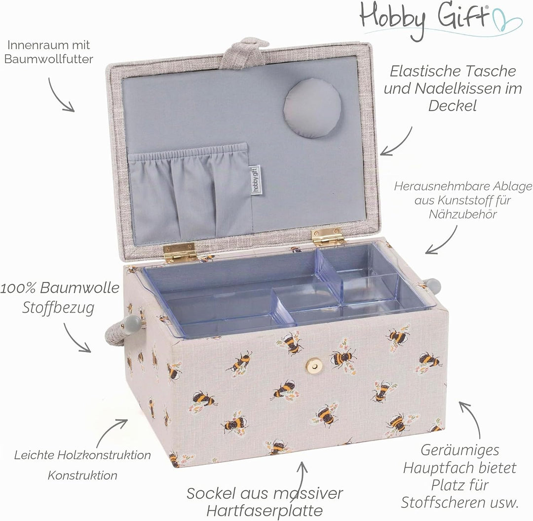 Hobby Gift MRME 87.1 Nähkästchen, Holz/Stoff, Gestickte Biene, 26 x 19 x 14.5cm, Gestickte Biene
