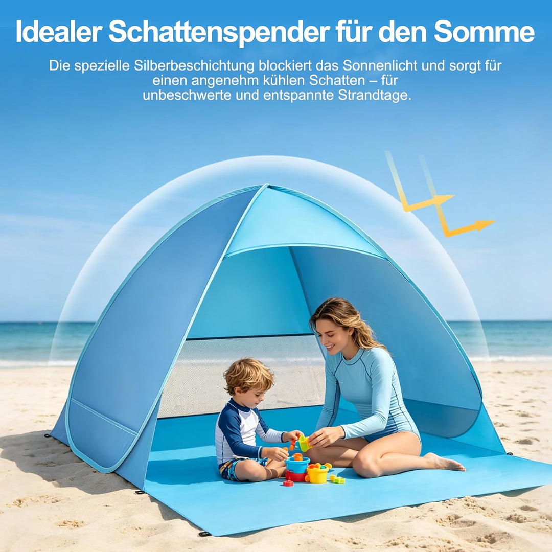 XXL Strandmuschel Pop Up für 3 Erwachsene oder 5 Kinder (200x165x130cm) - Silberbeschichtetes Strand