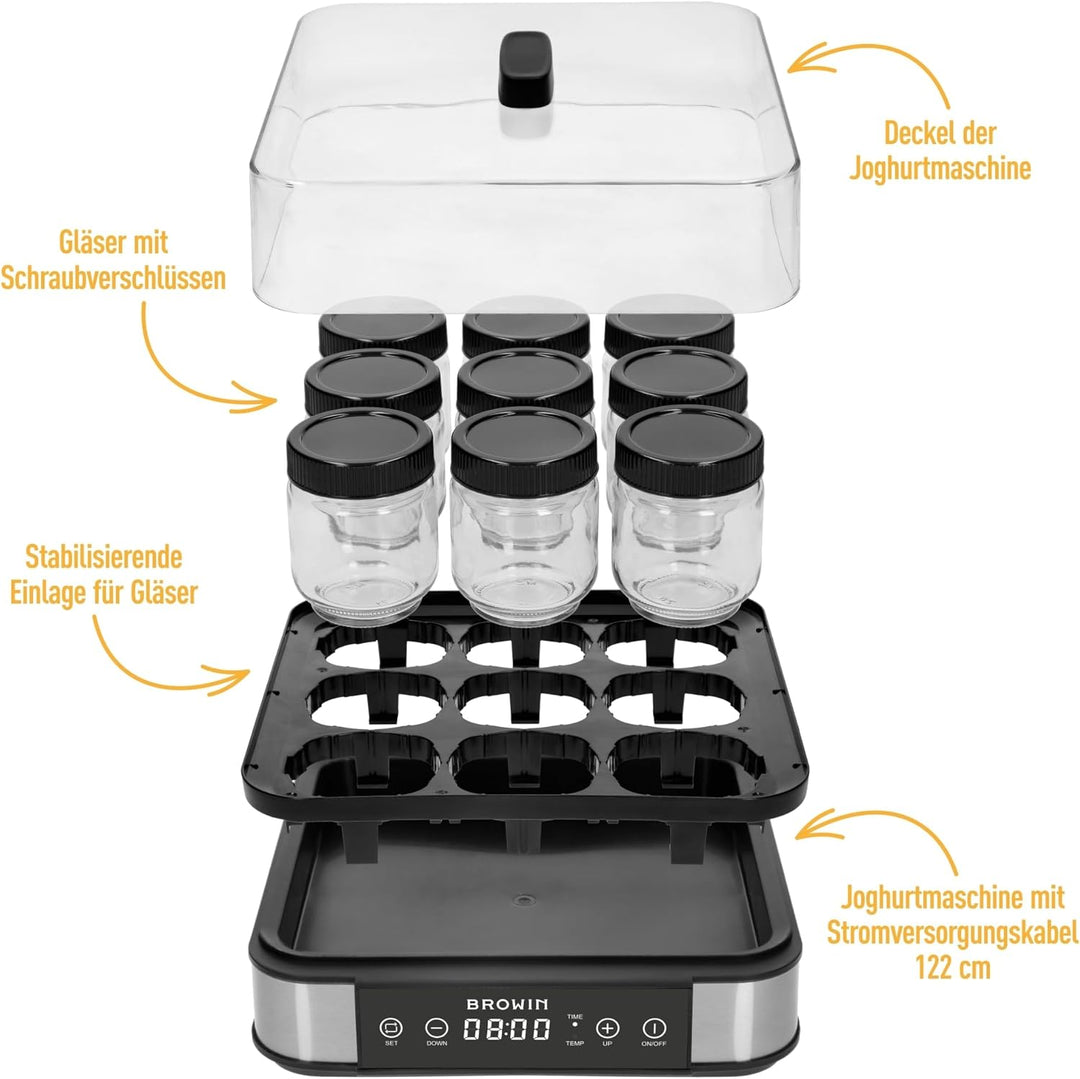 BROWIN® Joghurt-Maker mit Thermostat, Joghurtbereiter mit 1,6 l Fassungsvermögen, 9 Gläser, Weiss |