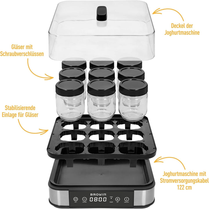BROWIN® Joghurt-Maker mit Thermostat, Joghurtbereiter mit 1,6 l Fassungsvermögen, 9 Gläser, Weiss |