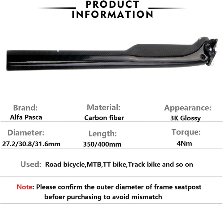 Sattelstütze Carbon Rennrad，Alfa Pasca MTB sattelstütze 27.2/30.8/31.6mm Carbon Seatpost Offset Schw