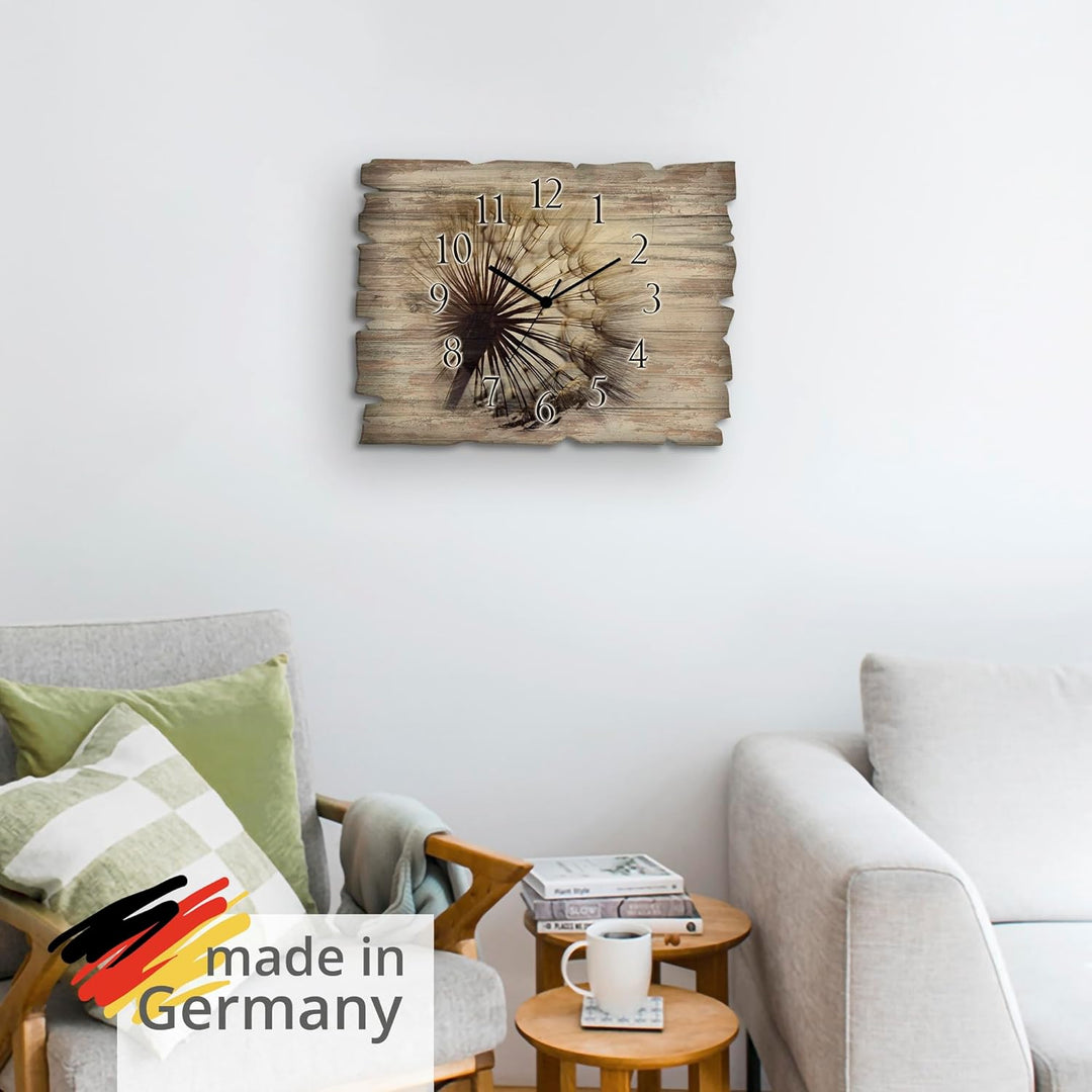 ARTLAND Wanduhr ohne Tickgeräusche aus Holz Funkuhr 40x30 cm Rechteckig Lautlos Blumen Pusteblume Na