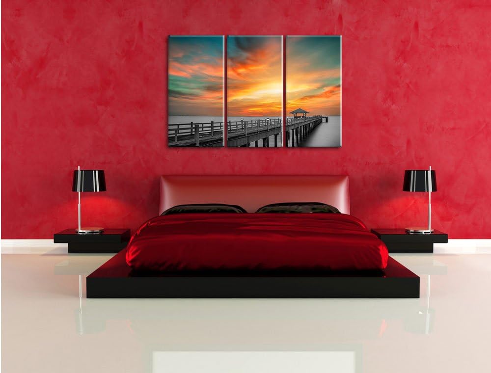 Pixxprint Steg ins Meer bei Sonnenuntergang/Format: 3-Teiler (120x80cm) cm/Leinwandbild fertig bespa