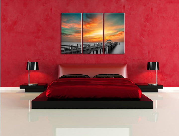 Pixxprint Steg ins Meer bei Sonnenuntergang/Format: 3-Teiler (120x80cm) cm/Leinwandbild fertig bespa
