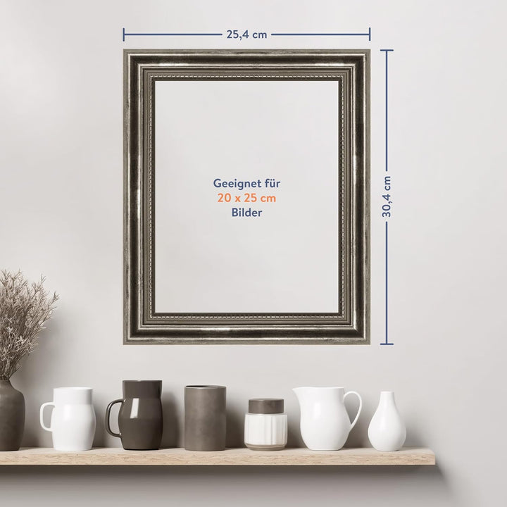 WANDStyle Bilderrahmen Silber 20x25 cm aus Holz im Barock-Stil zum Aufhängen, Fotorahmen Made in Ger