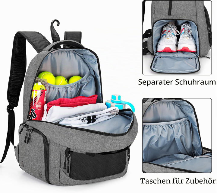 DSLEAF Tennistasche für 2 Schläger, Tennisrucksack mit separatem Schuhfach für Sporttraining, Fitnes