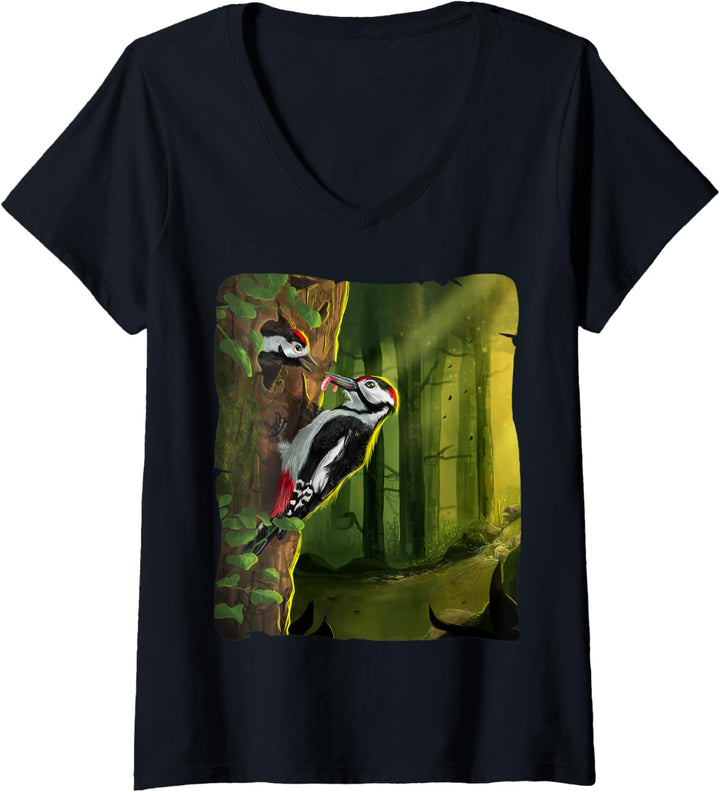 Damen Buntspecht füttert Nachwuchs, Specht Vogel Illustration T-Shirt mit V-Ausschnitt