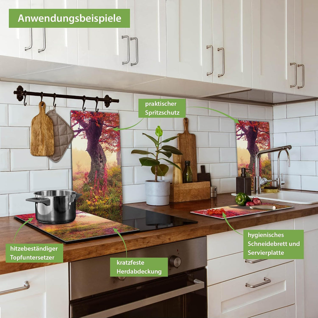 banjado® Herdabdeckplatte Glas 2-teilig je 30x52 cm/Schneidebrett Herdabdeckung mit Motiv Lichtung I