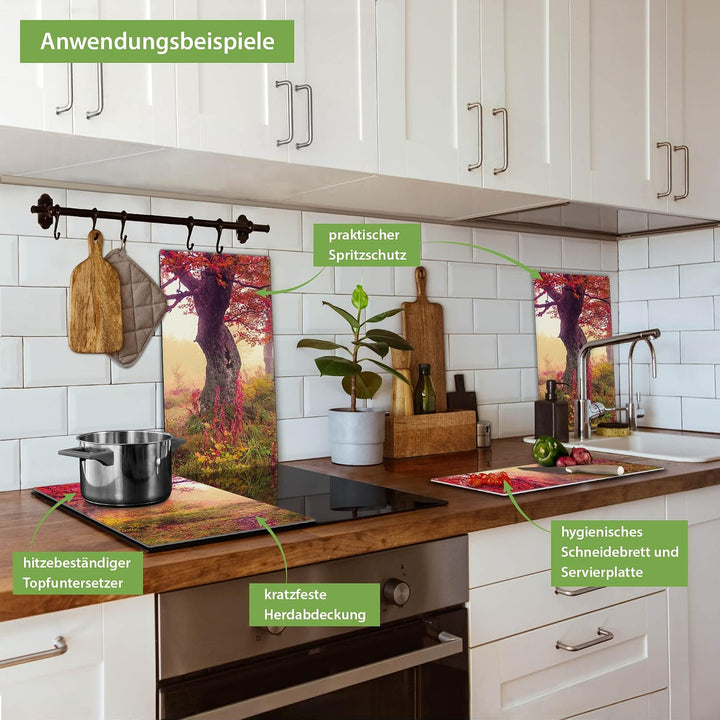 banjado® Herdabdeckplatte Glas 2-teilig je 30x52 cm/Schneidebrett Herdabdeckung mit Motiv Lichtung I