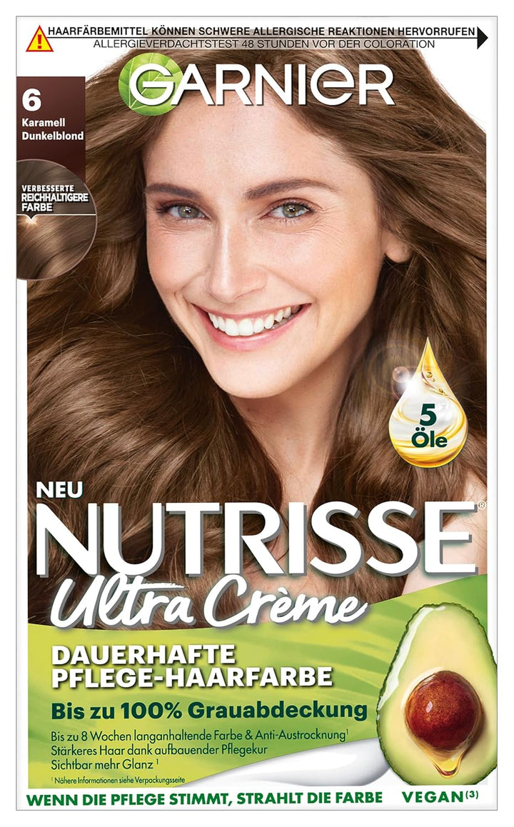 Garnier Nutrisse Dauerhafte Pflege-Haarfarbe mit nährenden Fruchtölen, Coloration mit 8 Wochen Halt,