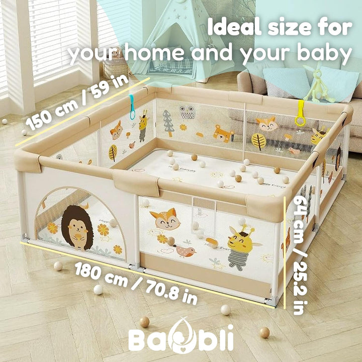 Laufstall für Babys, 150 x 180 cm, Babymatte, 60 Bälle, Griffe, Tragetaschen, Laufstall mit atmungsa