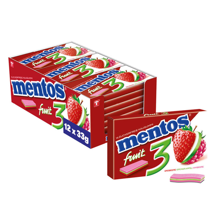 Mentos Kaugummi Fruity Fresh Erdbeere - Grüner Apfel - Himbeere, zuckerfreie Chewing Gum Dragees mit
