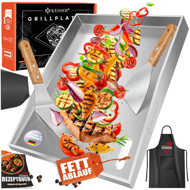 KESSER® Grillplatte Plancha aus Edelstahl 40x30cm rostfrei mit Fettablauf, hitzebeständig bis 800°C