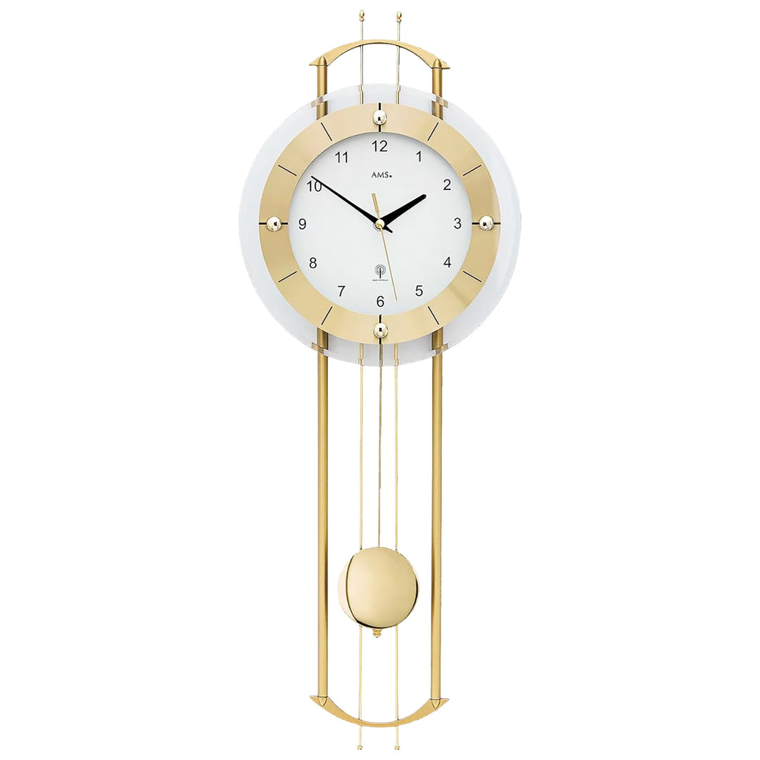 AMS Funkwanduhr 5257 mit glänzendem, messingfarbenem Pendel elegante Funk Pendeluhr Design Wanduhr