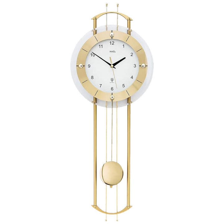 AMS Funkwanduhr 5257 mit glänzendem, messingfarbenem Pendel elegante Funk Pendeluhr Design Wanduhr
