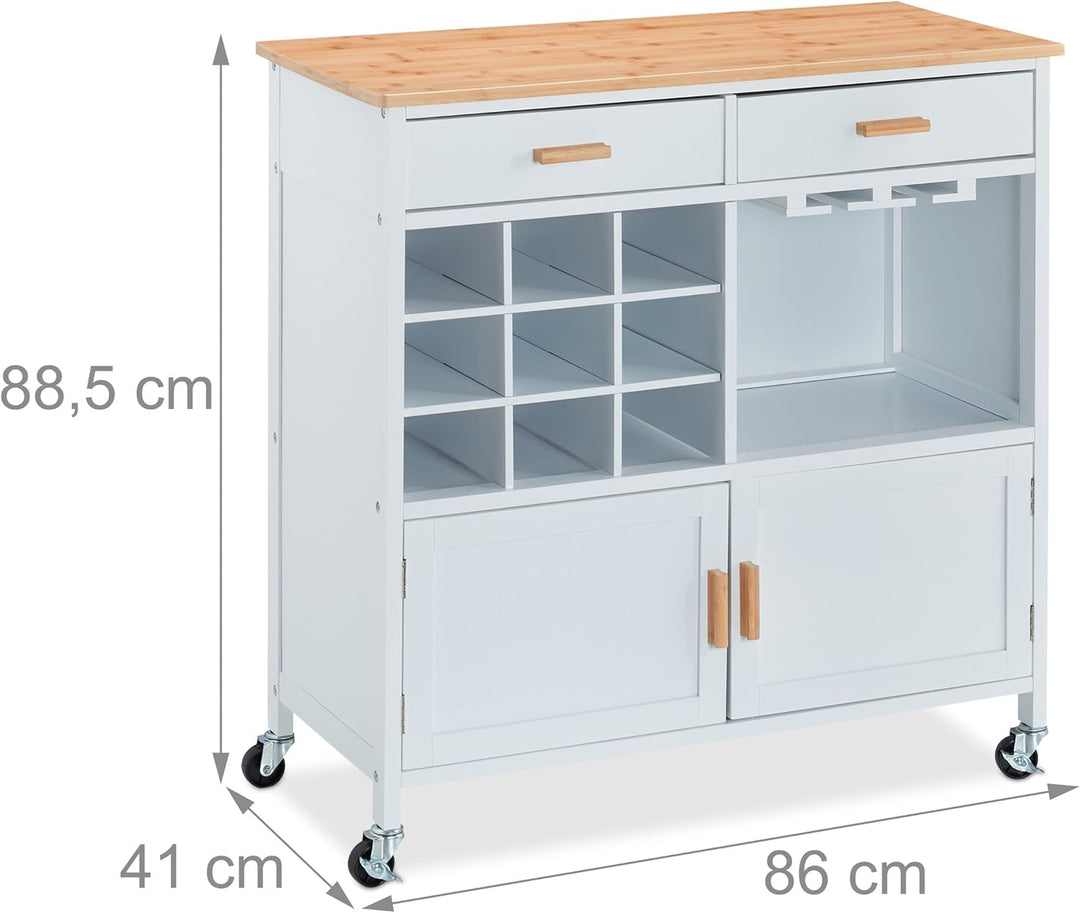 Relaxdays Küchenwagen, HxBxT: 88,5 x 86 x 41 cm, Arbeitsplatte, Weinregal, Gläserhalter, Küchenschra