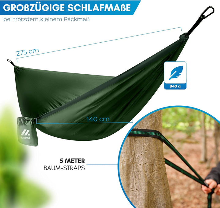 NORDMUT® Ultraleichte Hängematte Outdoor [mit Befestigungs-Set] Camping Hängematte inkl. Baumschutz-