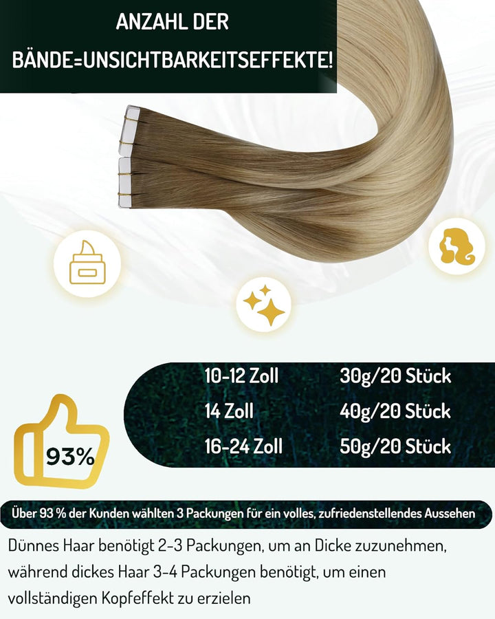 RUNATURE Tape Extensions Echthaar 50cm Balayage Braun Ombre Blond Unsichtbarer Tape in Haarverlänger