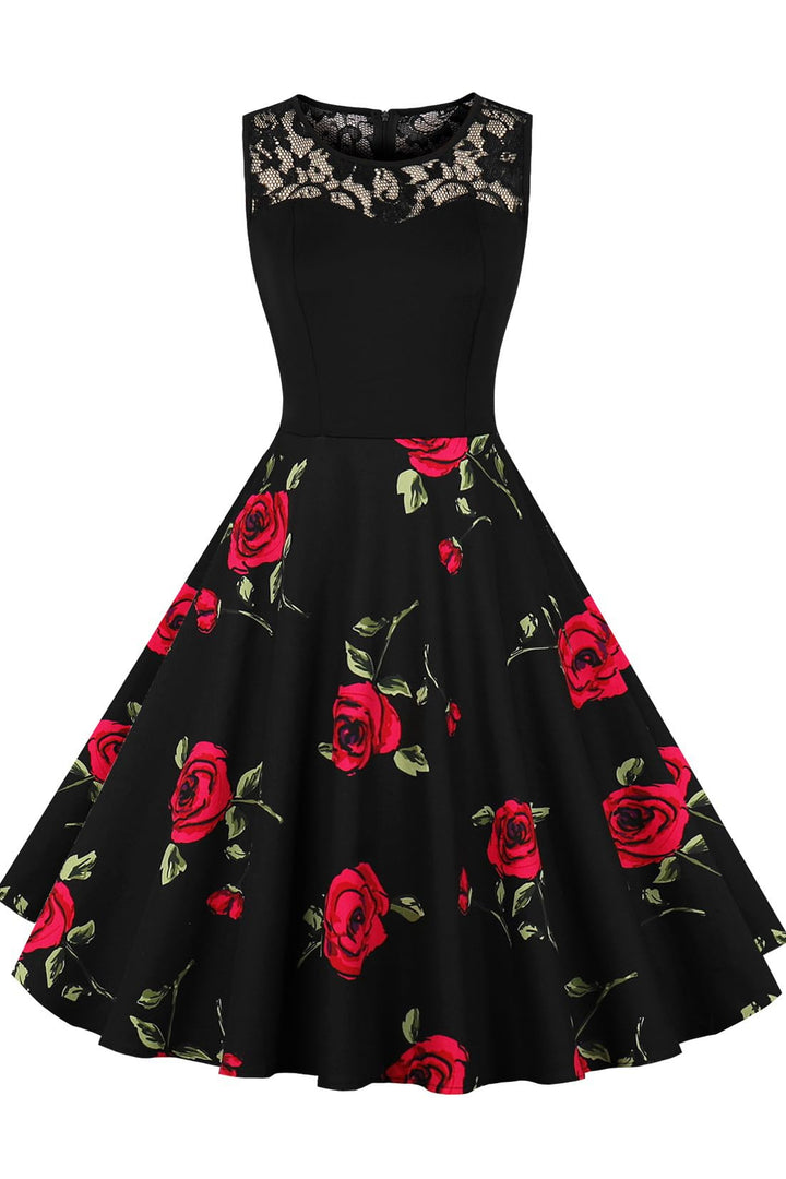 AXOE Damen Rockabilly Kleider 50er Jahre Vintage Blumenmuster S Farbe1b, S Farbe1b