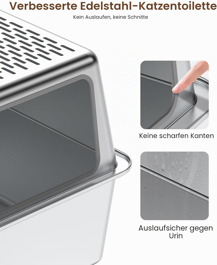 Katzenklo Edelstahl mit Deckel, Geschlossenes Katzentoilette Vollmetall Gross XXL, Katzenklo mit Hoh