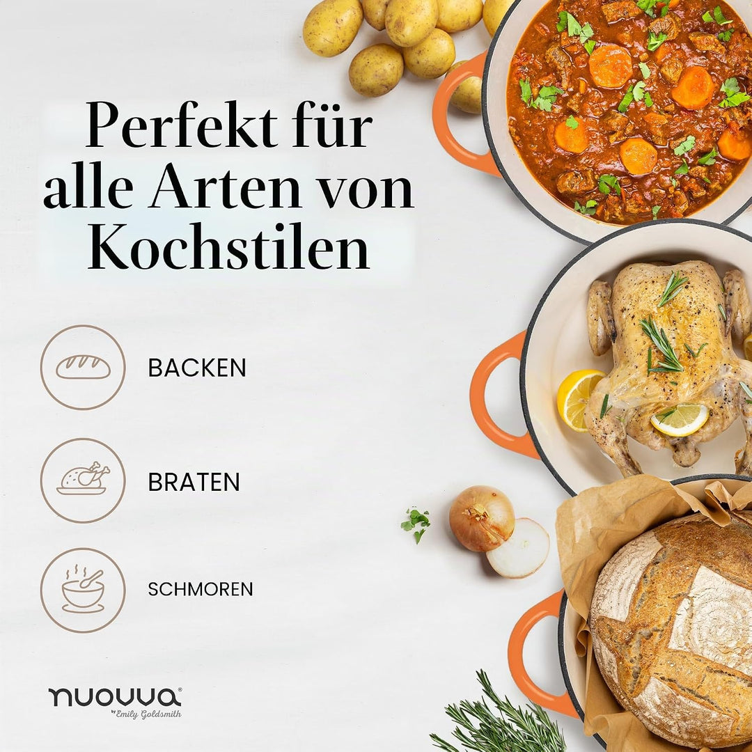 Nuovva Topf aus Gusseisen mit Deckel, antihaftbeschichtet, ofenfest, emailliert, stabiles Dutch Oven