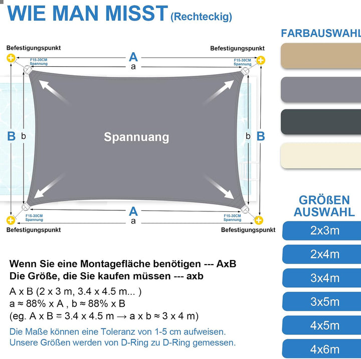 2x3m Sonnensegel Rechteckig Wasserdicht Sonnenschutz, Hellgrau | 95% UV Schutz, Regenschutz, Sunsege