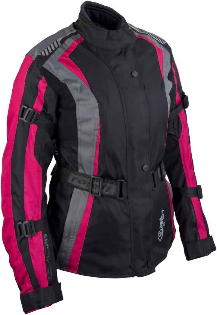 Damen Textil Motorradjacke mit CE Protektoren, gute Belüftung, taillierter Schnitt XS Black, Pink, G