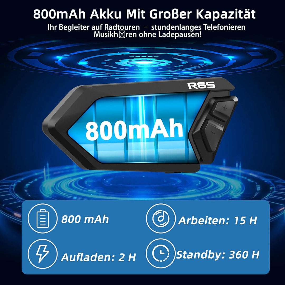 R6S Motorrad Headset Bis zu 6 Motorräder anschliessbarr 1200M Wireless Kommunikationssystem für 2 Pe