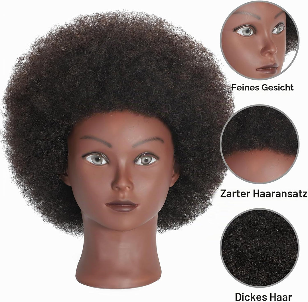 Afro Mannequinkopf mit 100% gelocktem Echthaar, Kosmetologie-Kopf für Friseure, Praxis, Styling, Fle